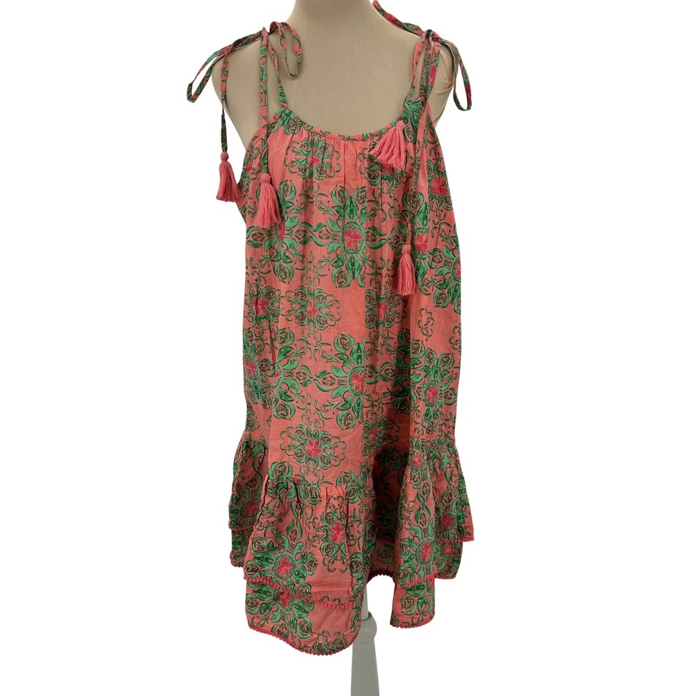 Modaposa Tonia Cotton Mini Dress Pink Green Floral Tassel Boho Womens Size M NEW